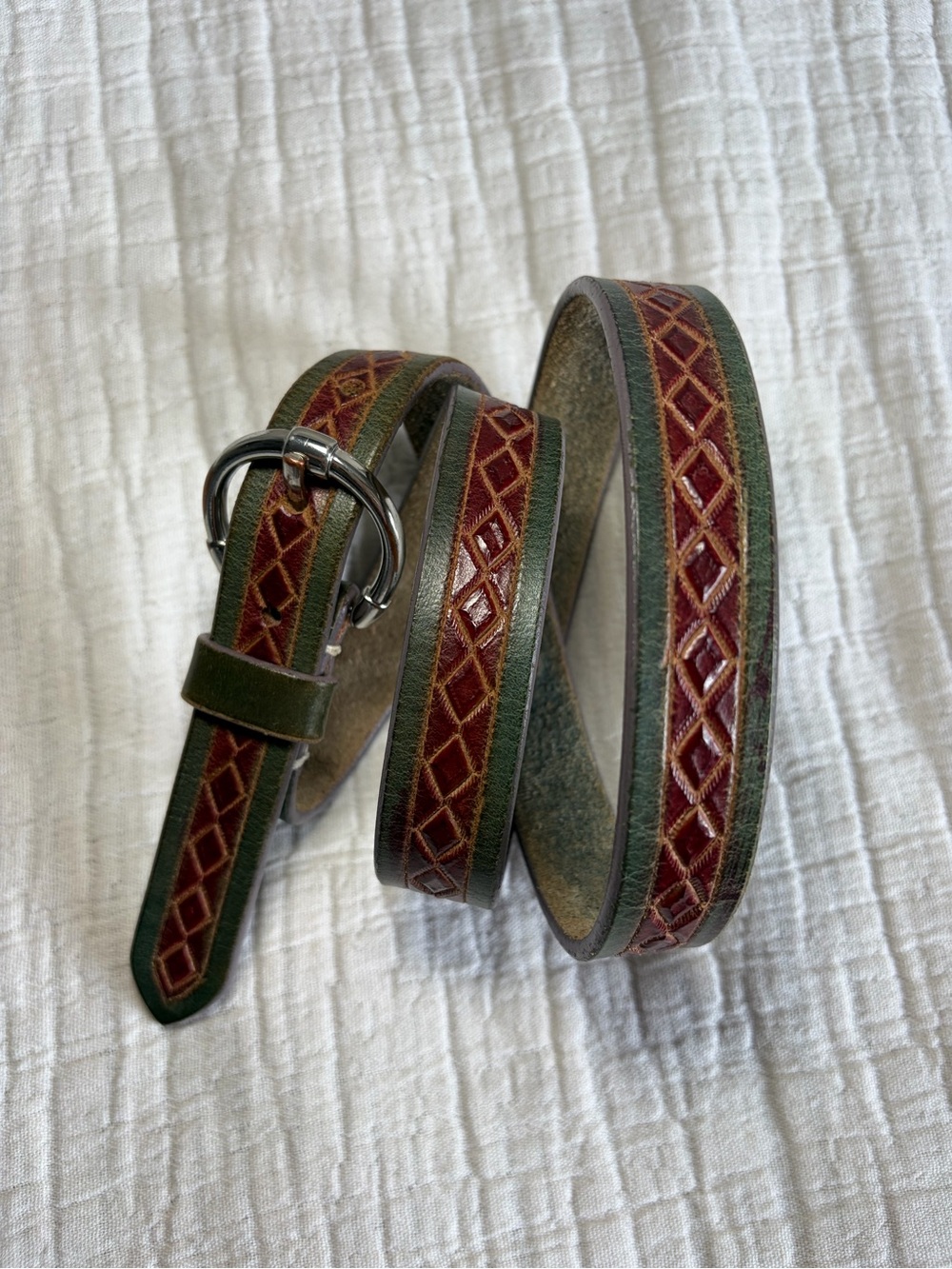 Vintage Genuine Leather Belt Green Burgundy Tooled Ring Buckle Sz 36 - Picture 2 of 8